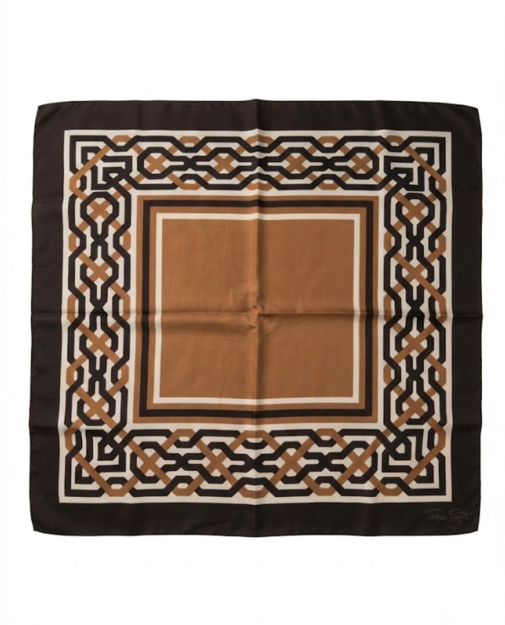 Vintage Ladies Jacques PIaget Signed Tan Black & Brown Abstract Print Scarf